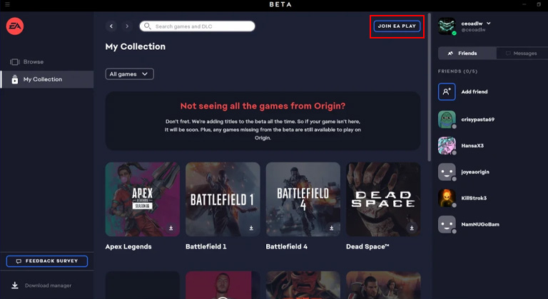 انتخاب گزینه Join EA Play در اپلیکیشن EA
